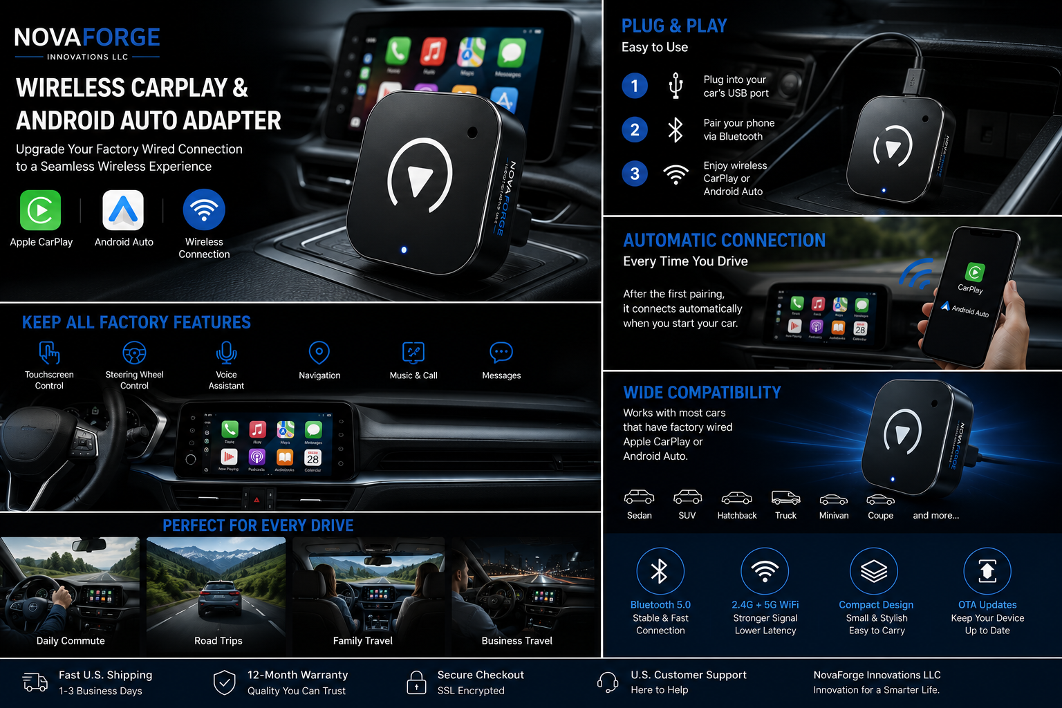 NovaForge Drive™ Wireless CarPlay & Android Auto Adapter