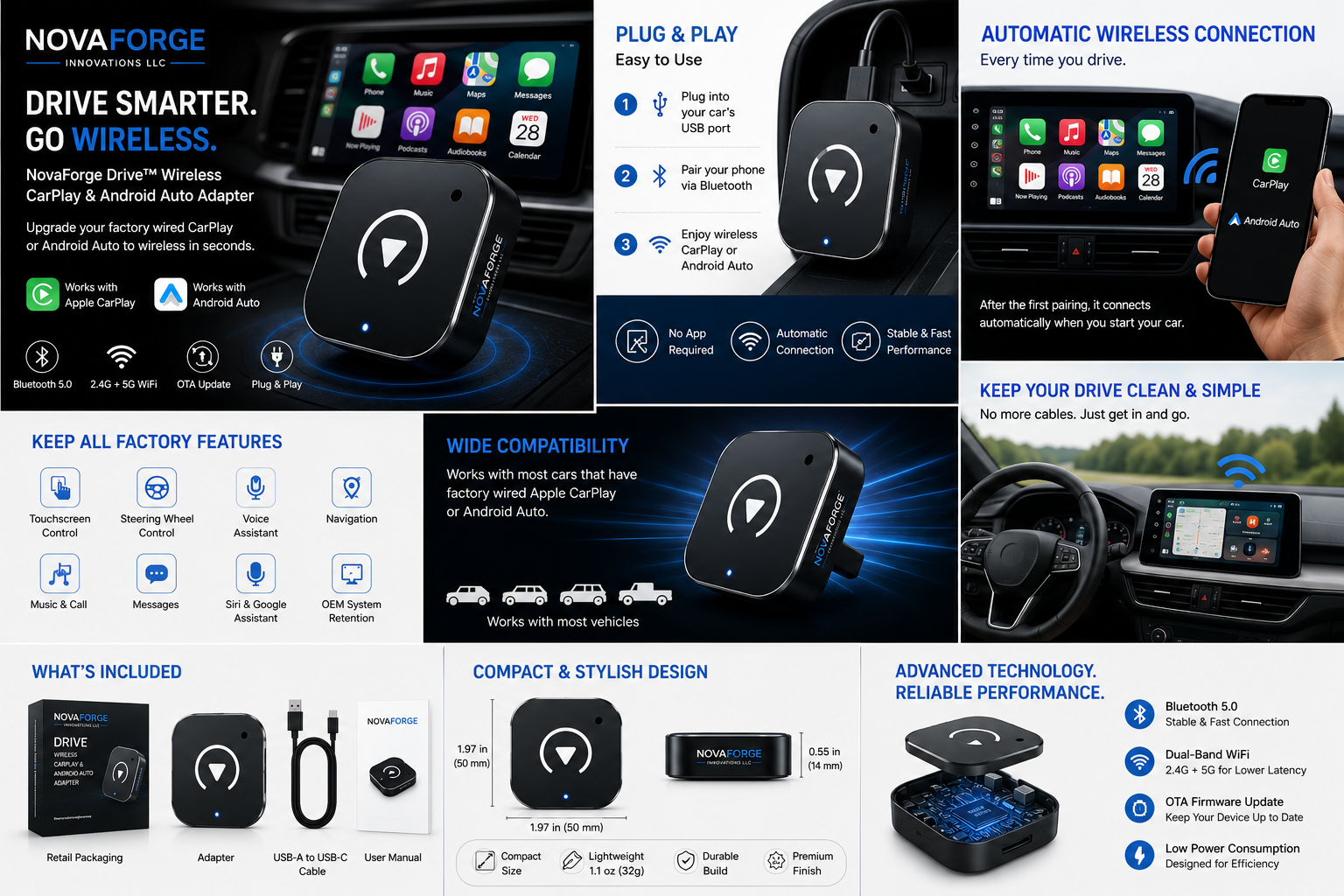 NovaForge Drive™ Wireless CarPlay & Android Auto Adapter