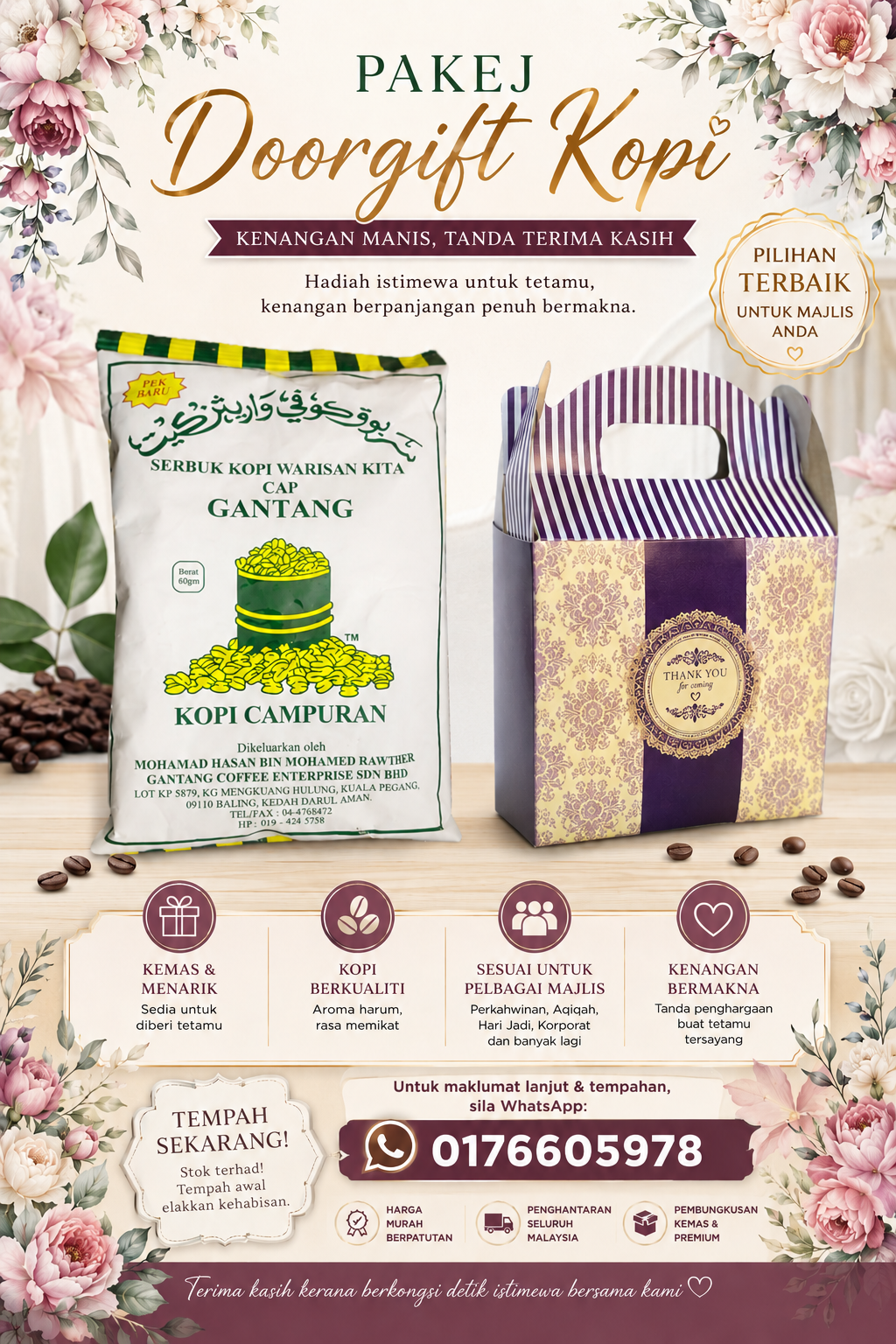 Pakej Doorgift Kopi Cap Gantang 60gram dan kotak ekslusif