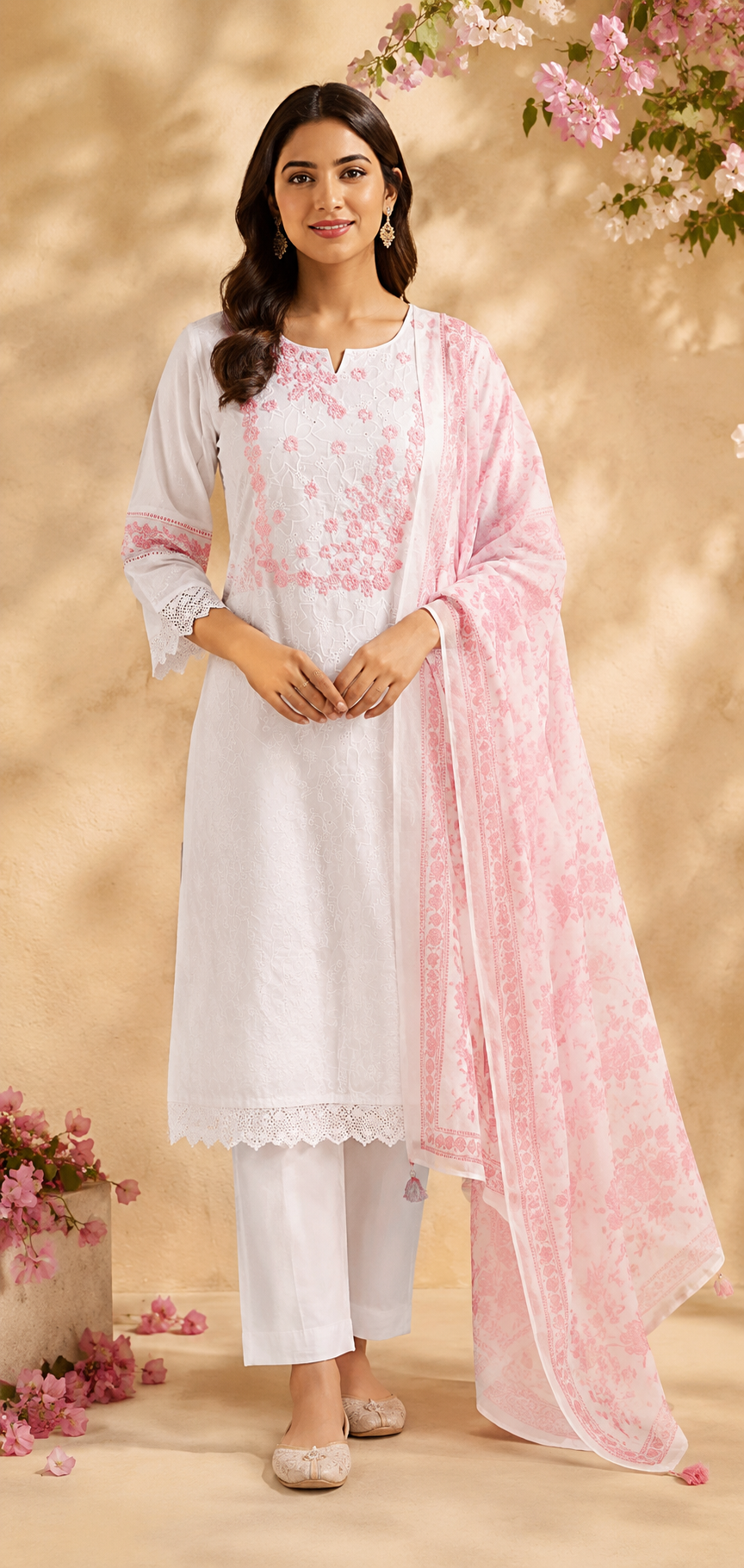 Pastel Pink Embroidered Cotton Kurta Set