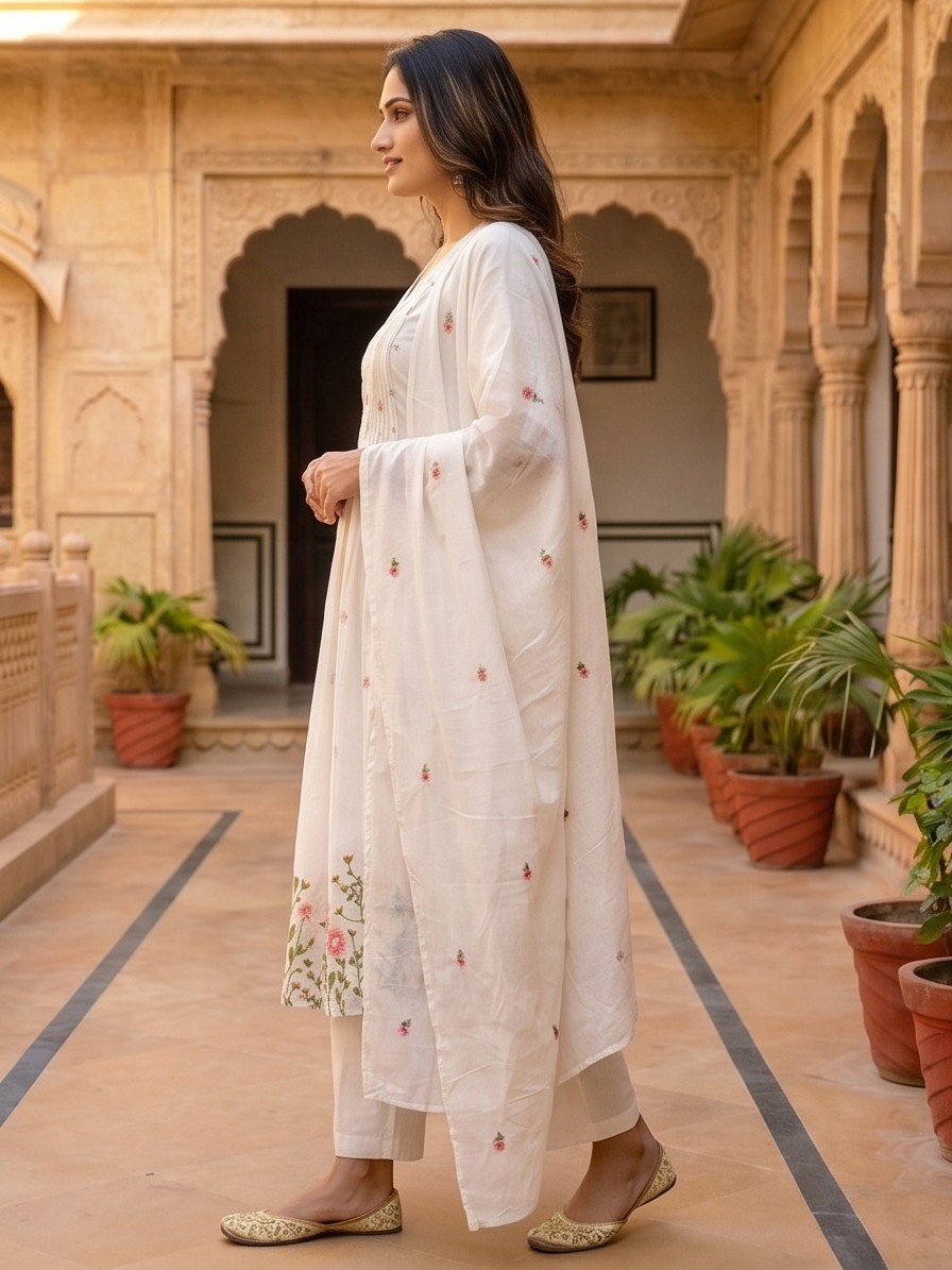 Embroidered White Cotton Kurta Set