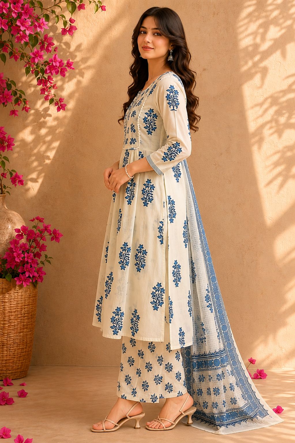 Blue Floral Printed Cotton Suit Set