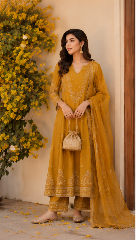 Mustard Embroidered Anarkali Set