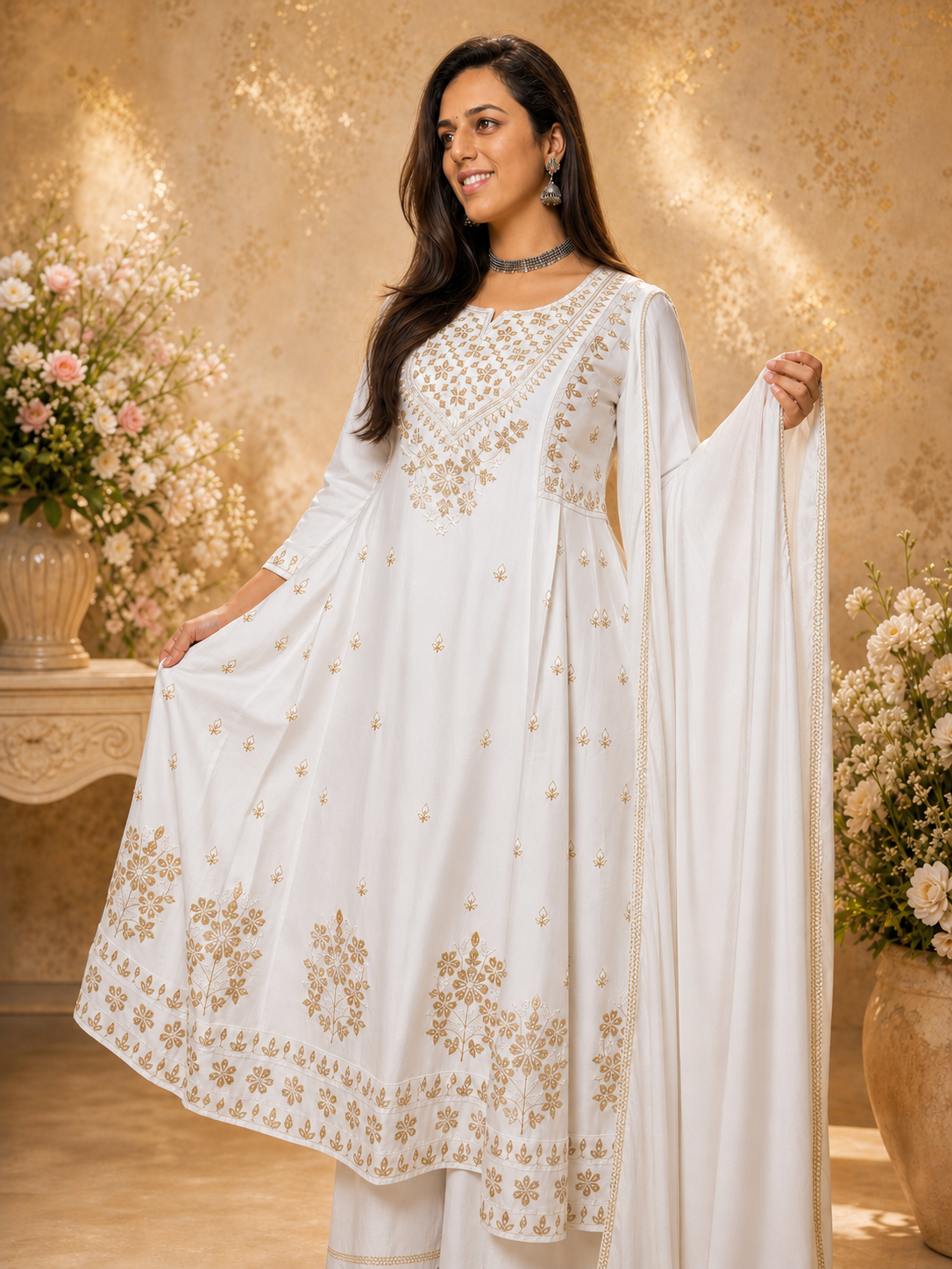 Embroidered White Anarkali Set