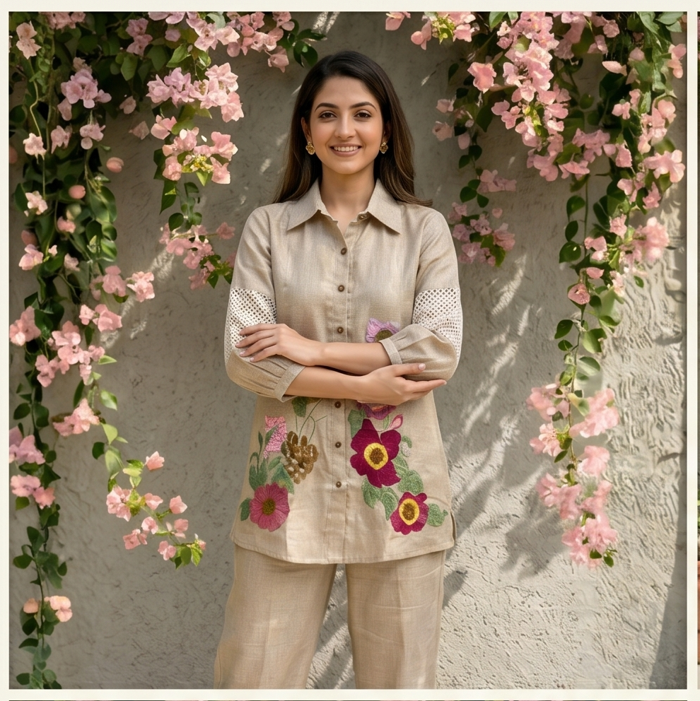 Beige Linen look Pantsuit Set