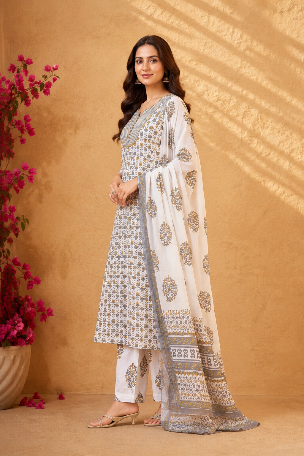 Elegant White Printed Kurta Set