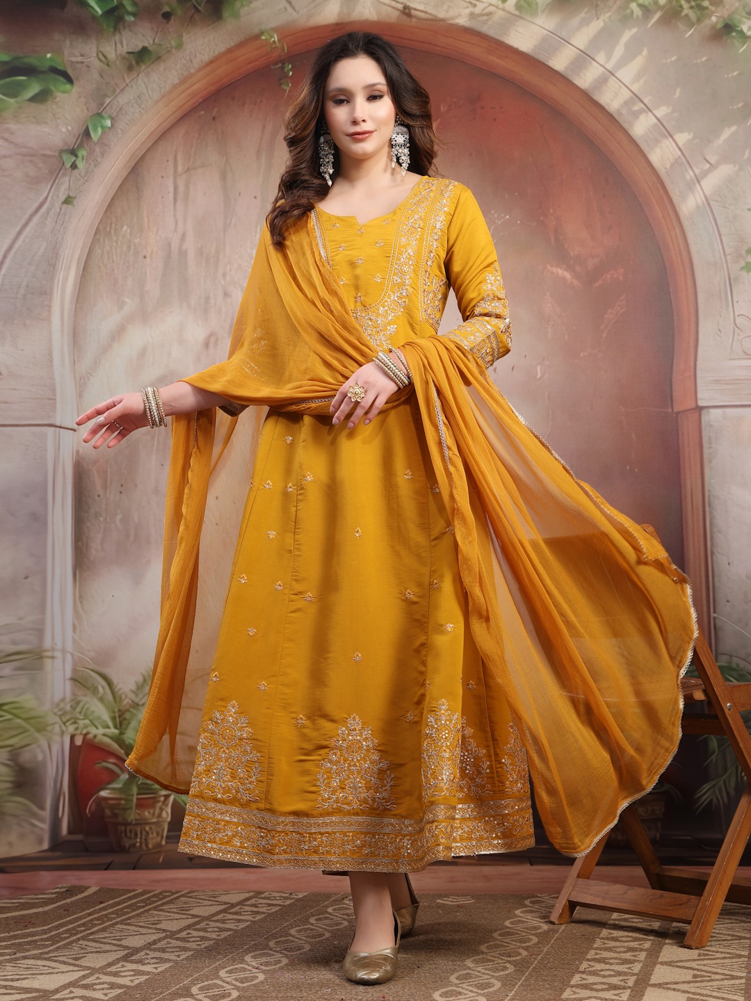 Mustard Embroidered Anarkali Set