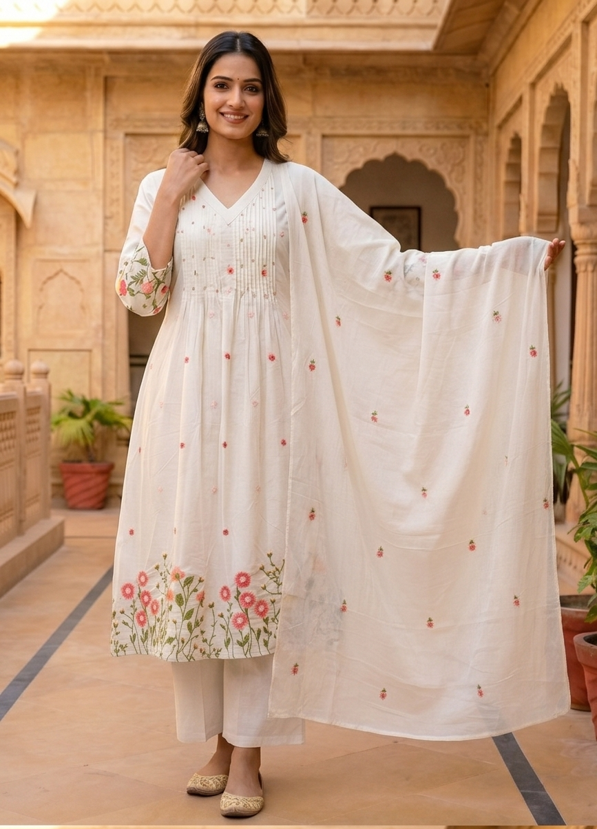 Embroidered White Cotton Kurta Set