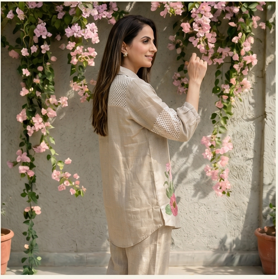 Beige Linen look Pantsuit Set