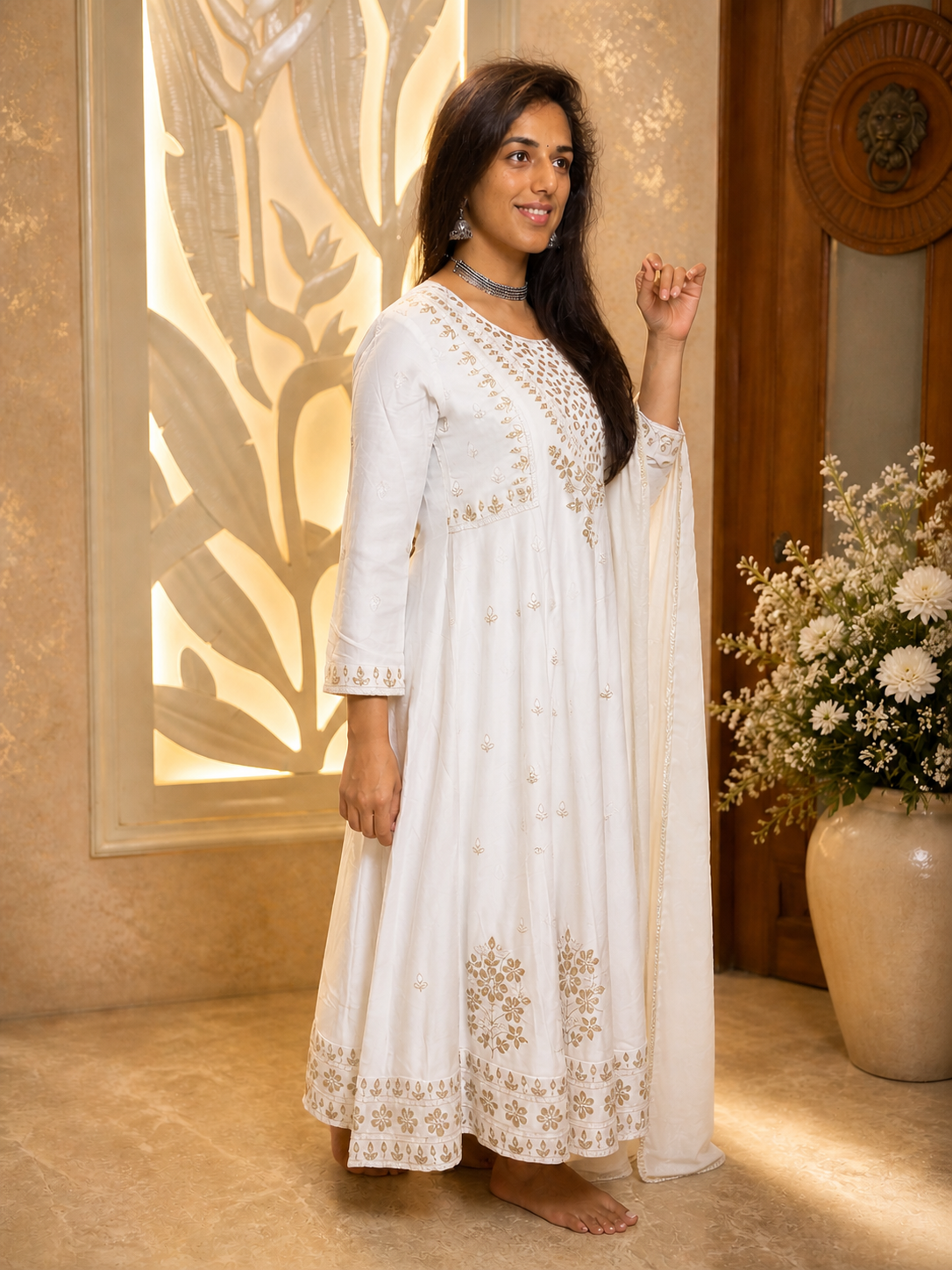 Embroidered White Anarkali Set