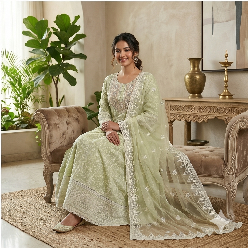 Pastel Green Embroidered Anarkali Suit