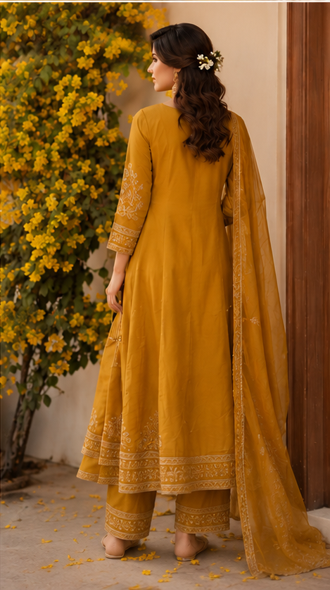 Mustard Embroidered Anarkali Set