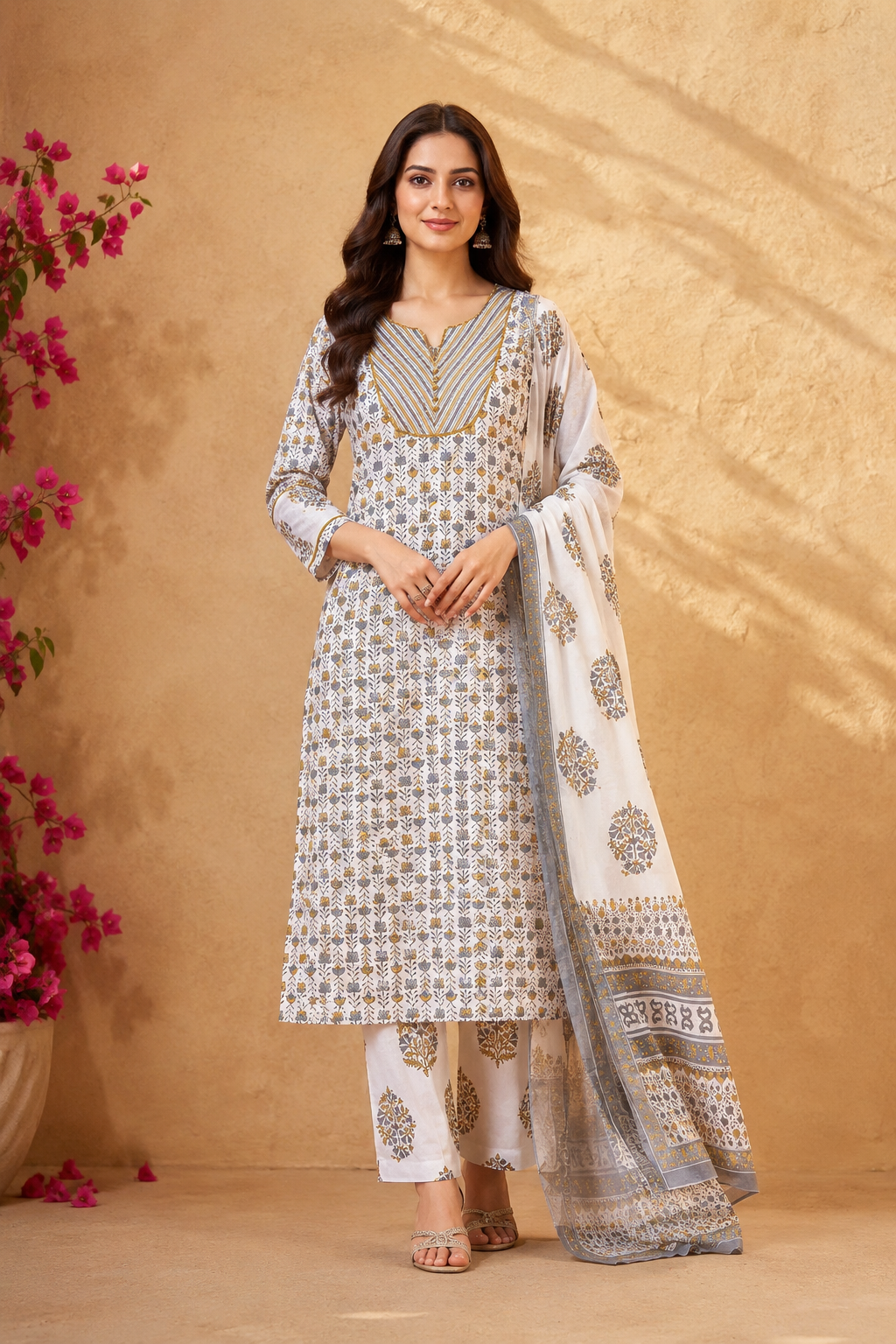 Elegant White Printed Kurta Set