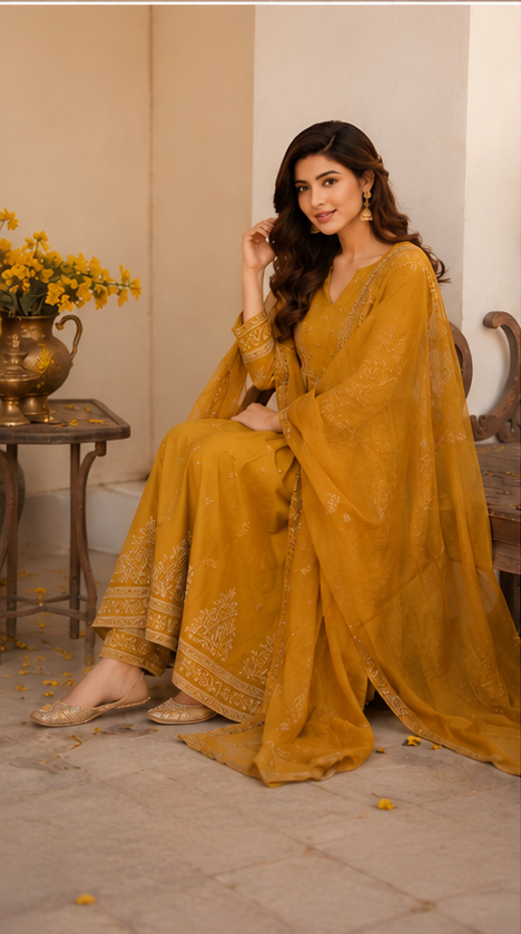 Mustard Embroidered Anarkali Set