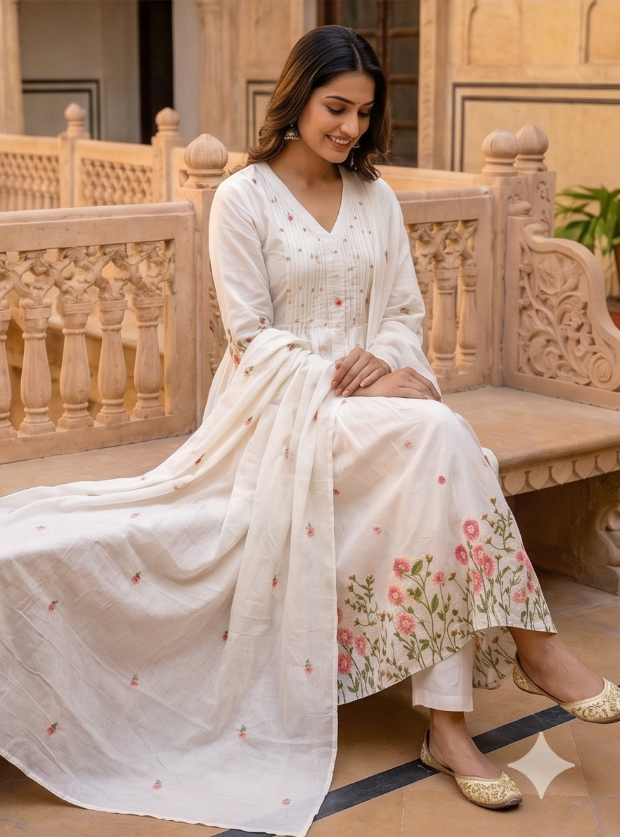 Embroidered White Cotton Kurta Set