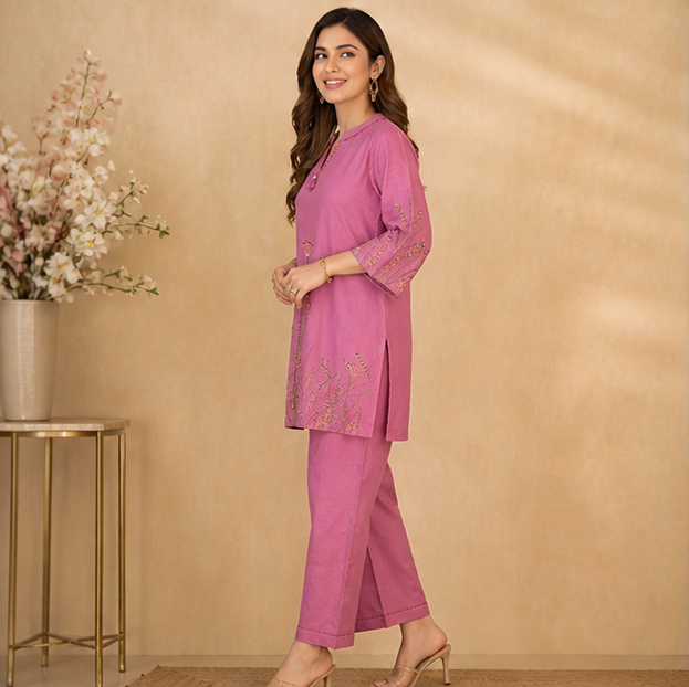 Embroidered Pink Kurta Set