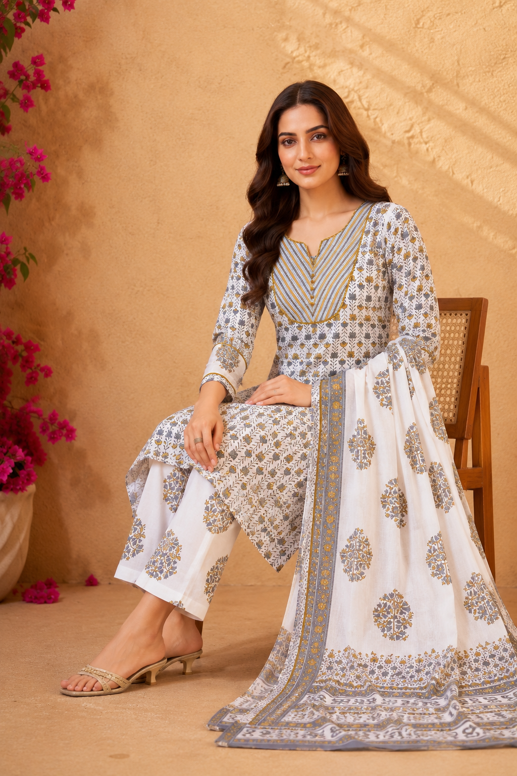 Elegant White Printed Kurta Set