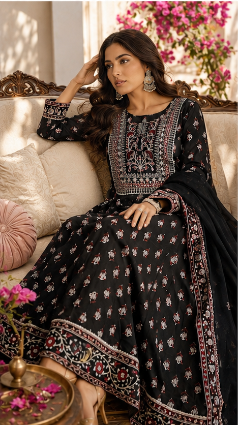 Black Embroidered Anarkali Suit
