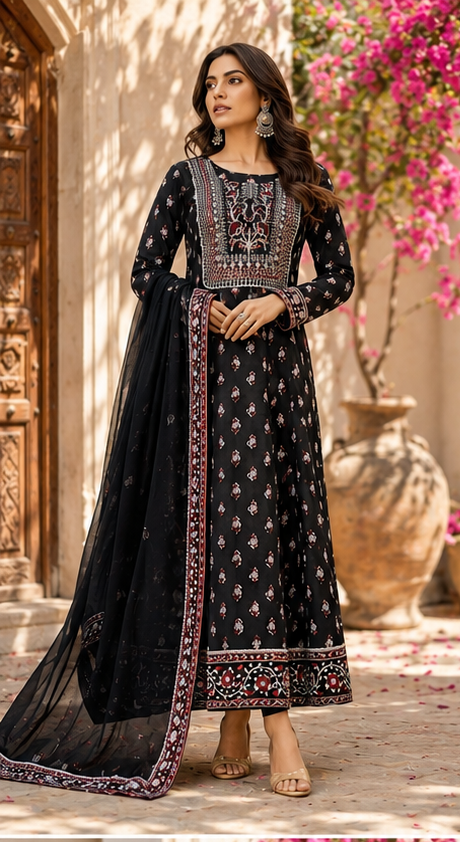 Black Embroidered Anarkali Suit