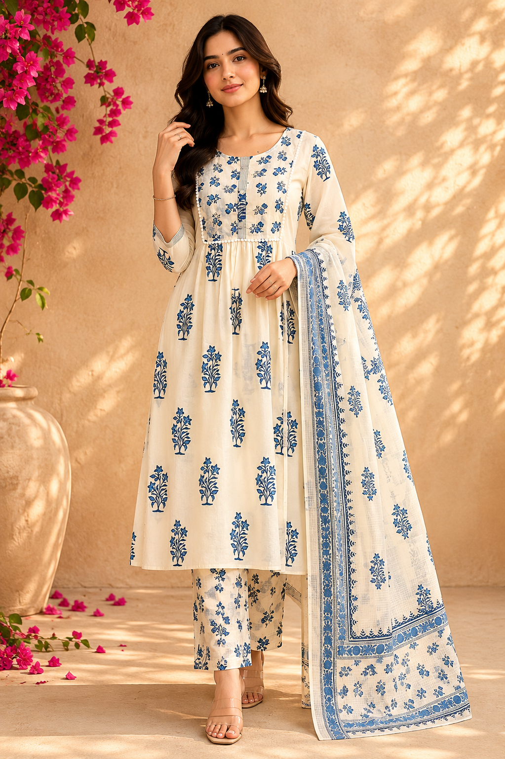 Blue Floral Printed Cotton Suit Set