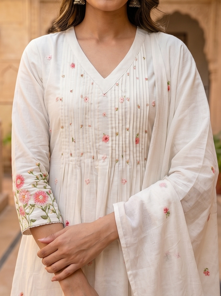 Embroidered White Cotton Kurta Set