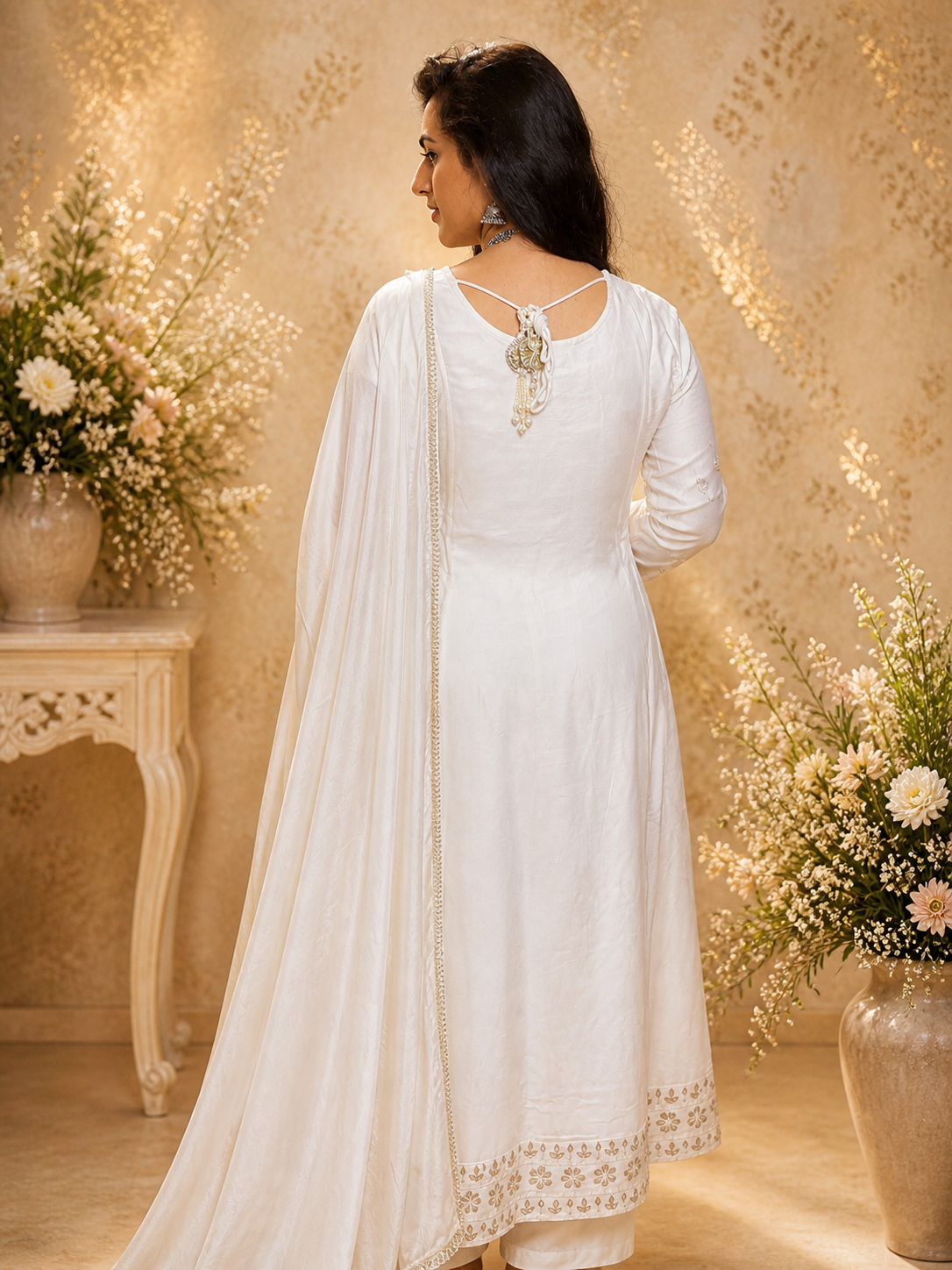 Embroidered White Anarkali Set