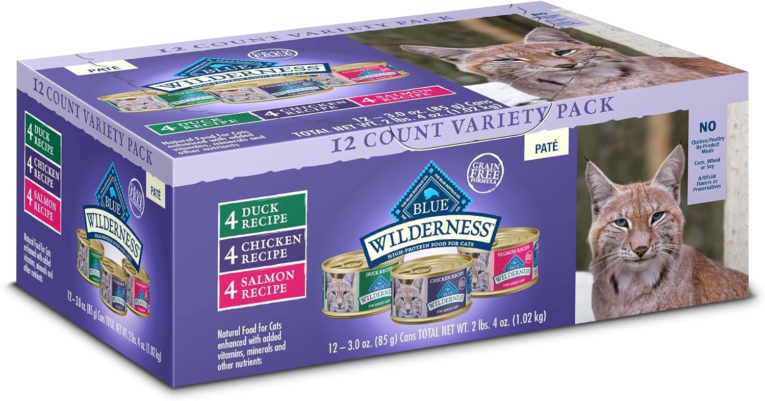 Blue Buffalo Wilderness Paté Variety Pack (Chicken, Salmon, and Duck) Adult Wet Cat Food, High-Protein & Grain-Free Recipes