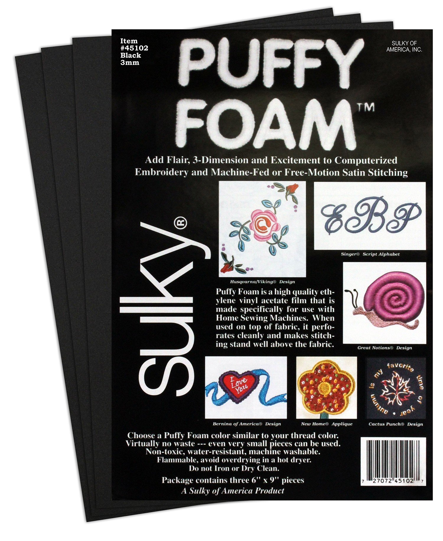 Sulky of America 3mm Puffy Foam, 6" by 9", Black