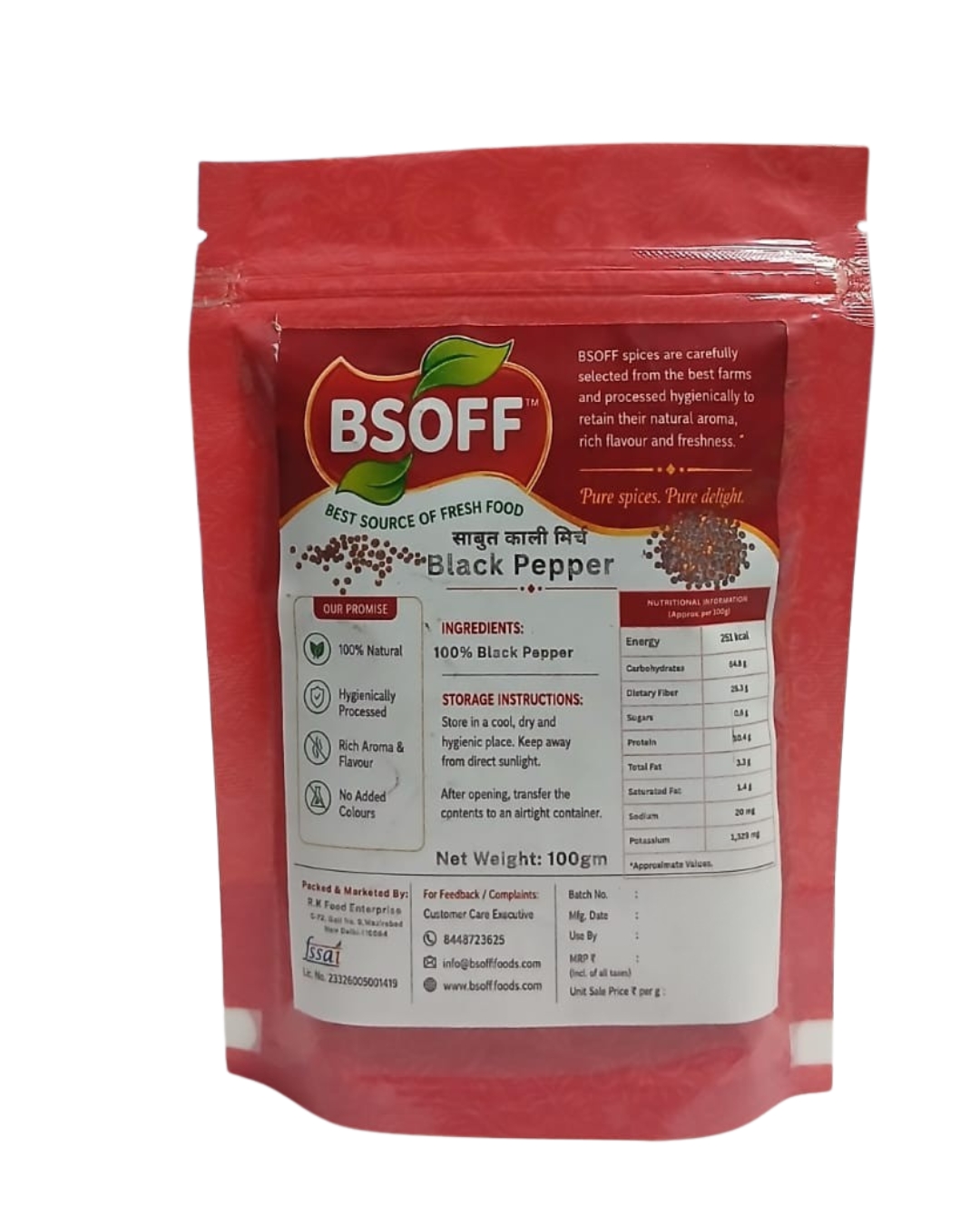 Whole BlackBSOFF Black Pepper (Kali Mirch) 100g | Pure & Premium Whole Black Pepper | No Added Color | Naturally Aromatic | Rich Flavor | Hygienically Packed Spice Peppercorns