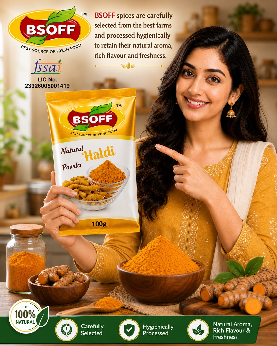 BSOFF Pure & Premium Turmeric Powder | No Added Color | Naturally Rich & Authentic Taste | 100g 