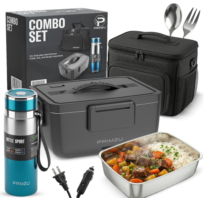 Electric Lunch Box Combo Set – [90W] Heated Lunch Box for Men & Women | 12V/24V/110V Portable Food Warmer with Insulated Water Bottle & Bag | 304 Stainless Steel, 2L Lonchera Eléctrica Portátil