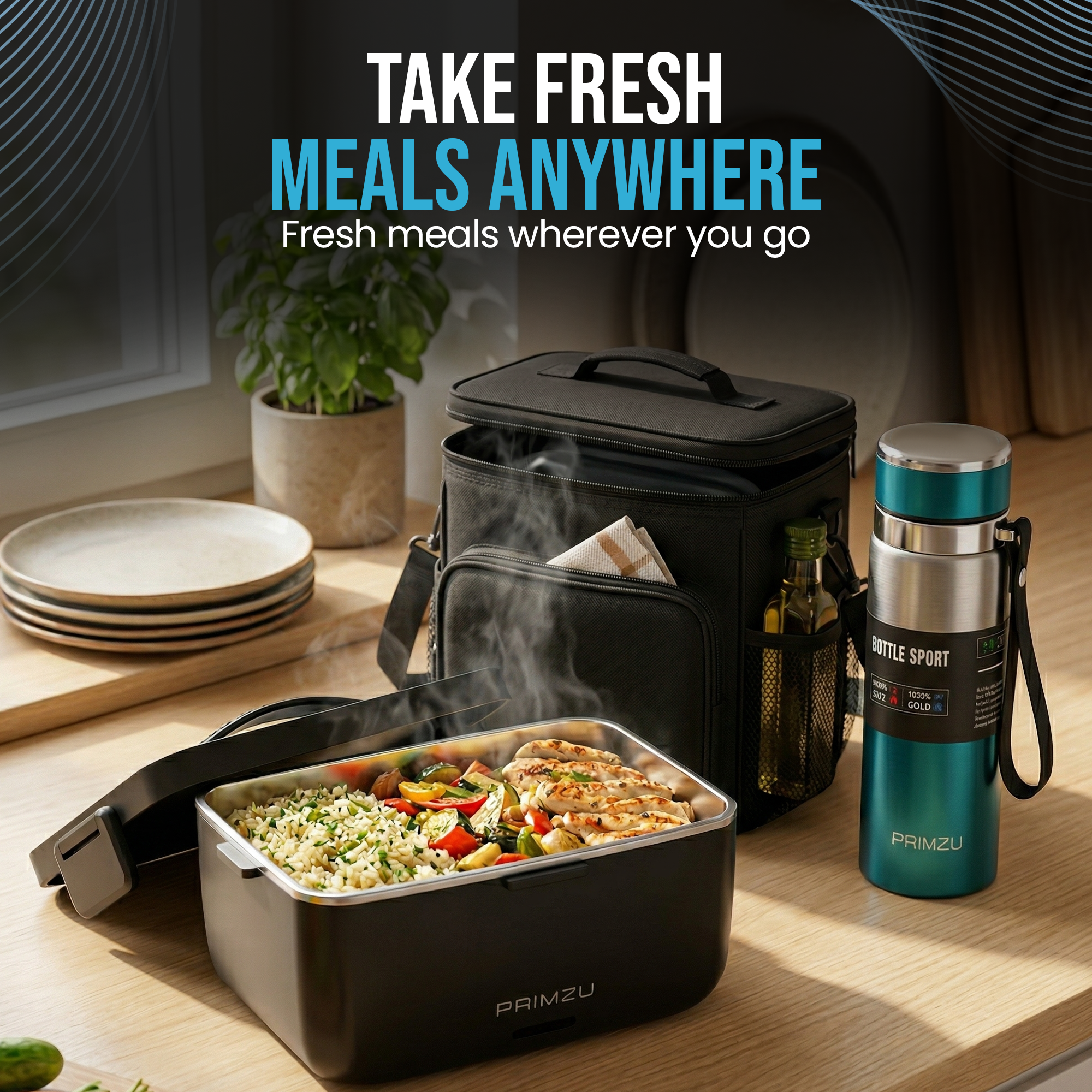 Electric Lunch Box Combo Set – [90W] Heated Lunch Box for Men & Women | 12V/24V/110V Portable Food Warmer with Insulated Water Bottle & Bag | 304 Stainless Steel, 2L Lonchera Eléctrica Portátil