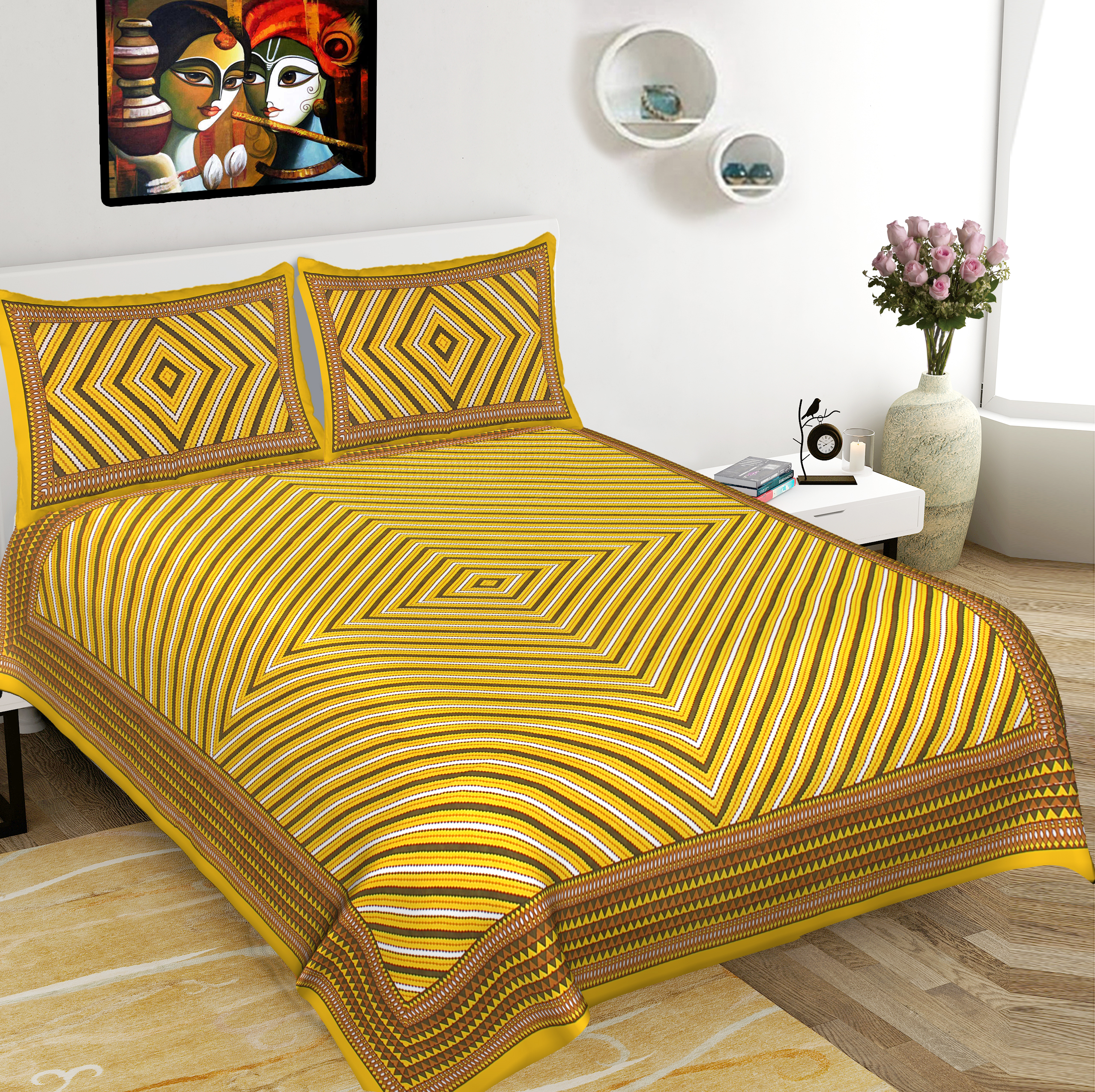 Yellow Geometric Cotton Bedsheet Set