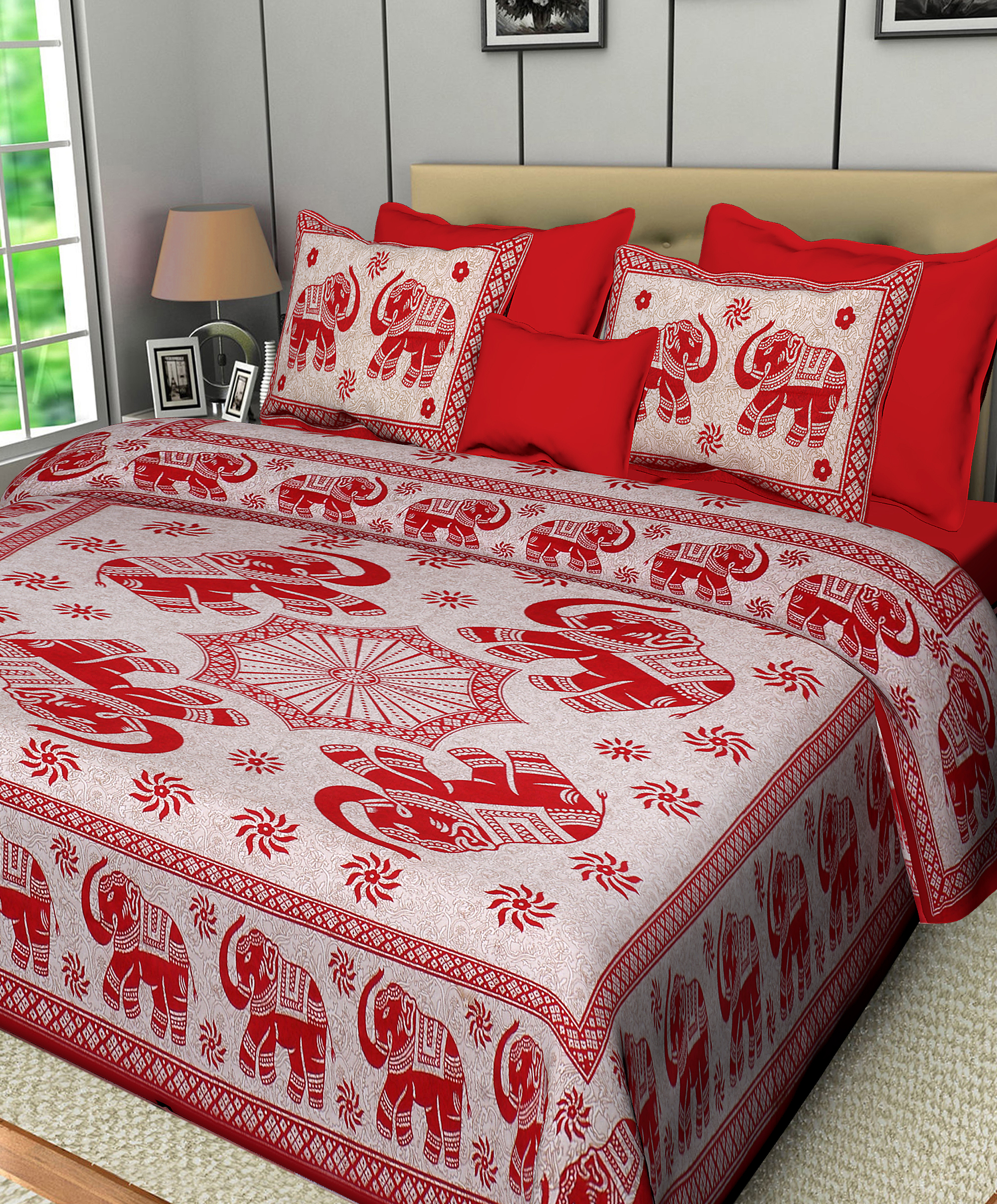 Traditional Elephant Print Cotton Bedsheet Set