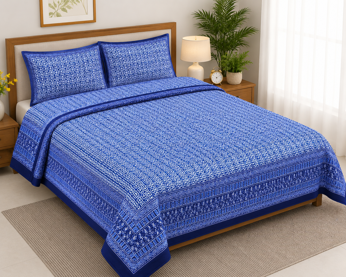 Blue Printed Cotton Bedsheet Set