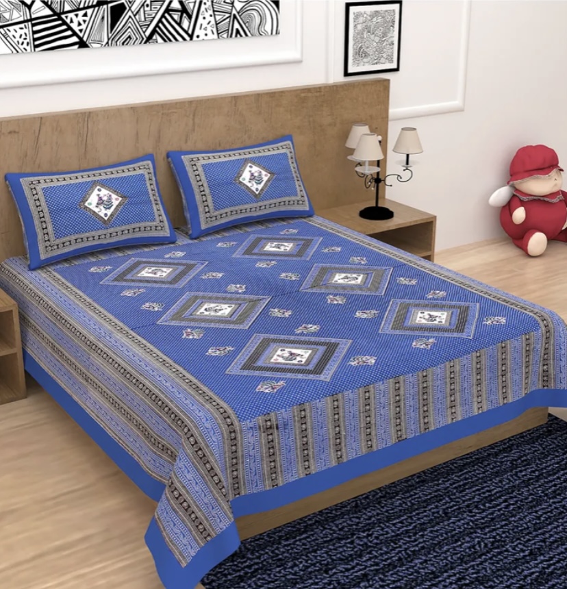 Blue Cotton Double Bedsheet Set