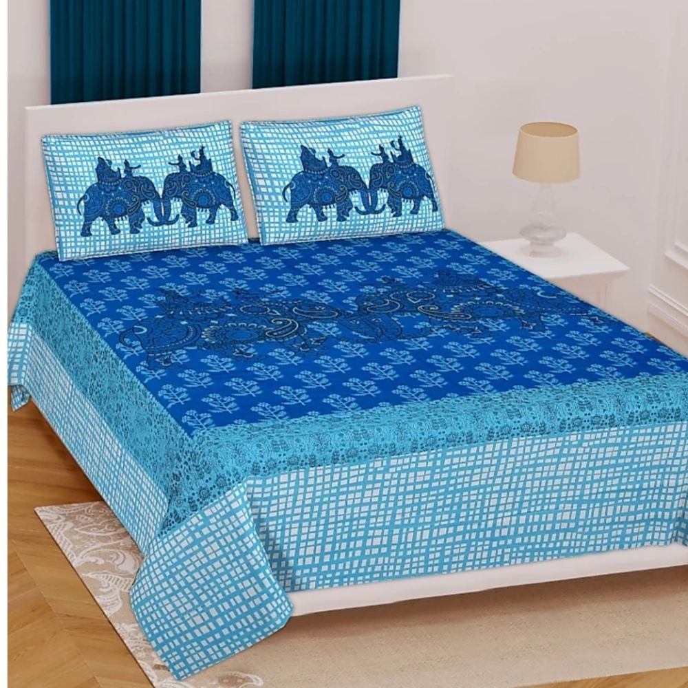 Blue Elephant Print Cotton Bedsheet Set