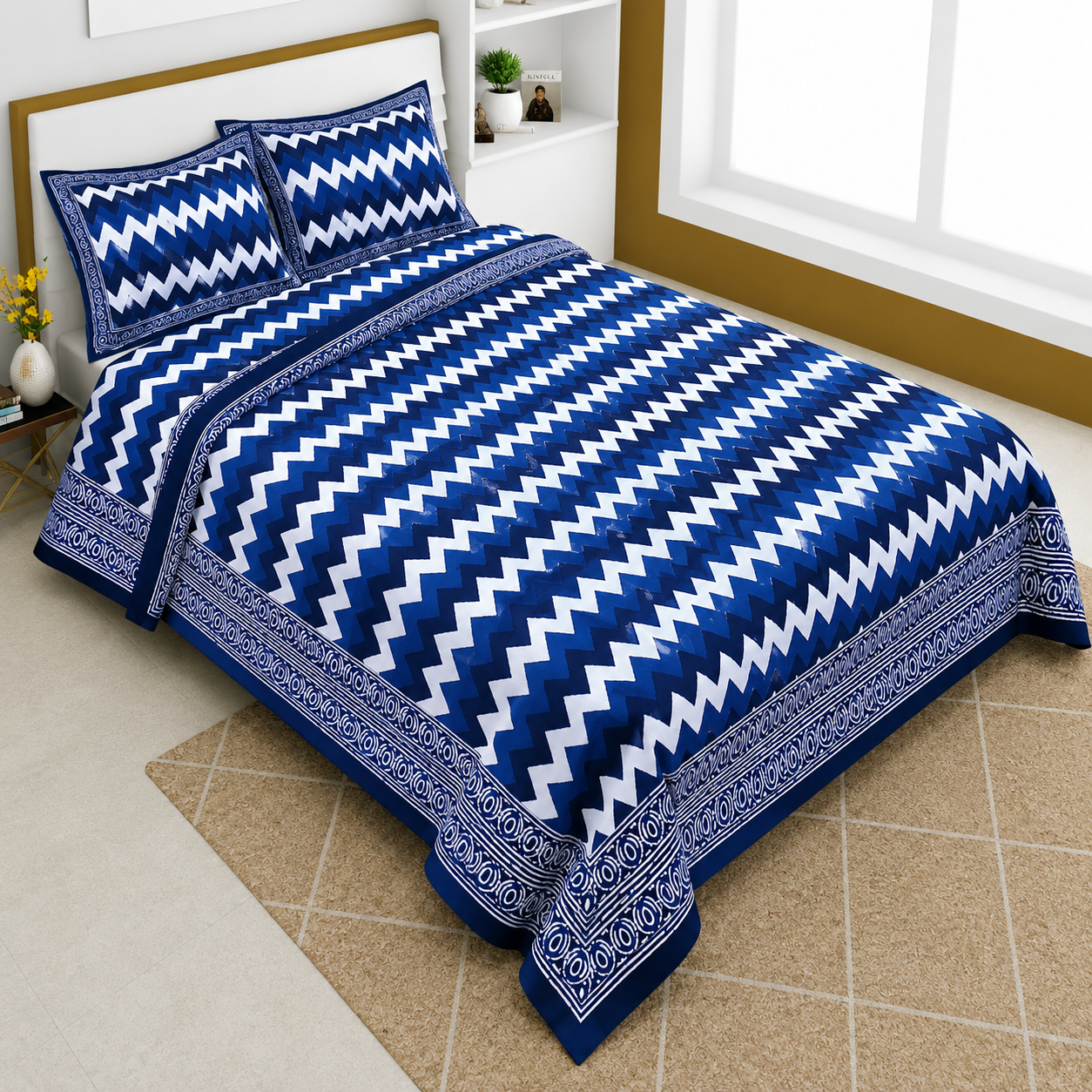 Blue Zigzag Cotton Bedsheet Set