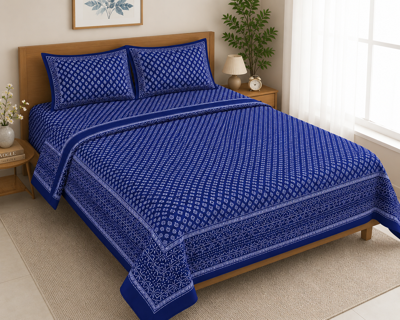 Royal Blue Printed Cotton Bedsheet Set
