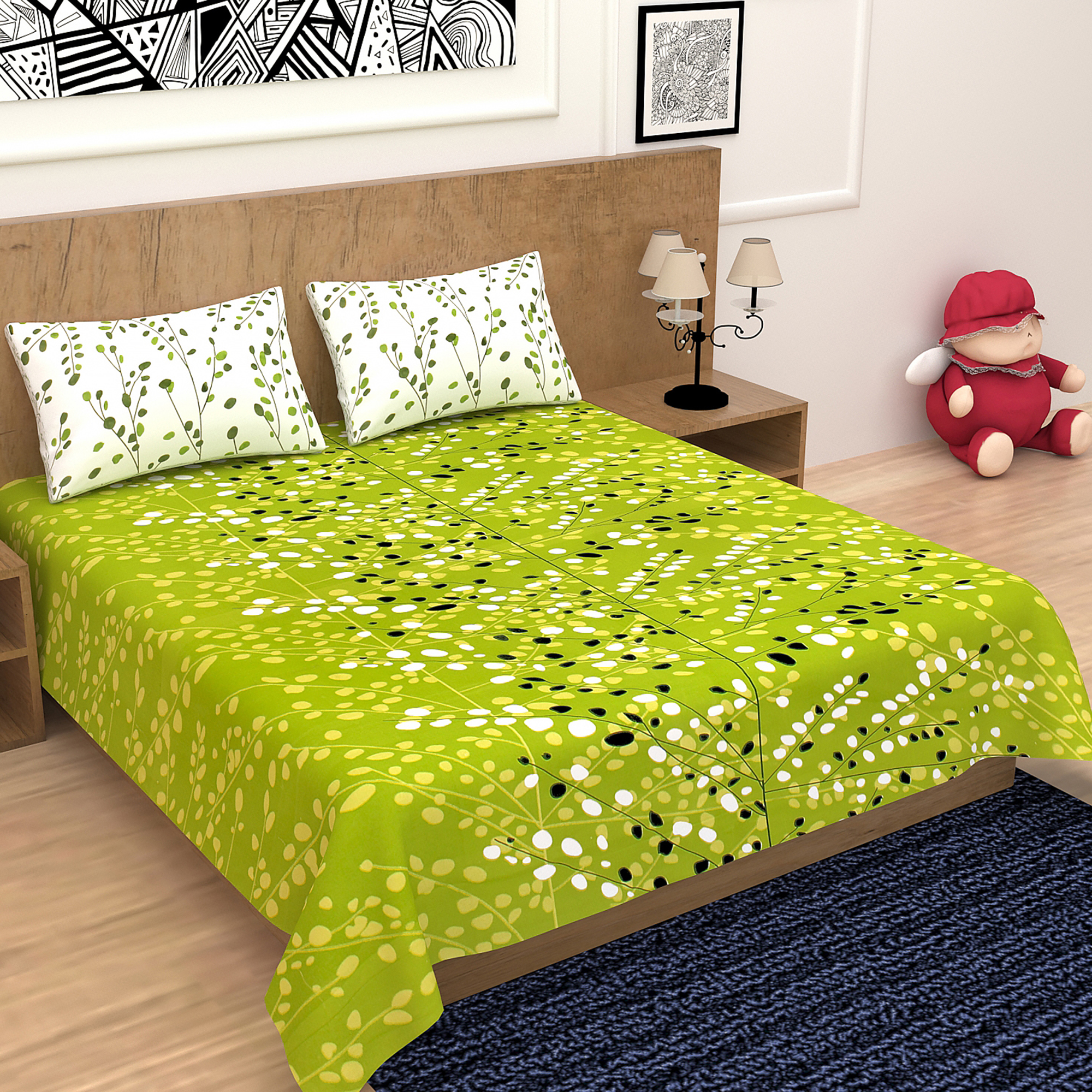 Green Leaf Print Double Bedsheet Set