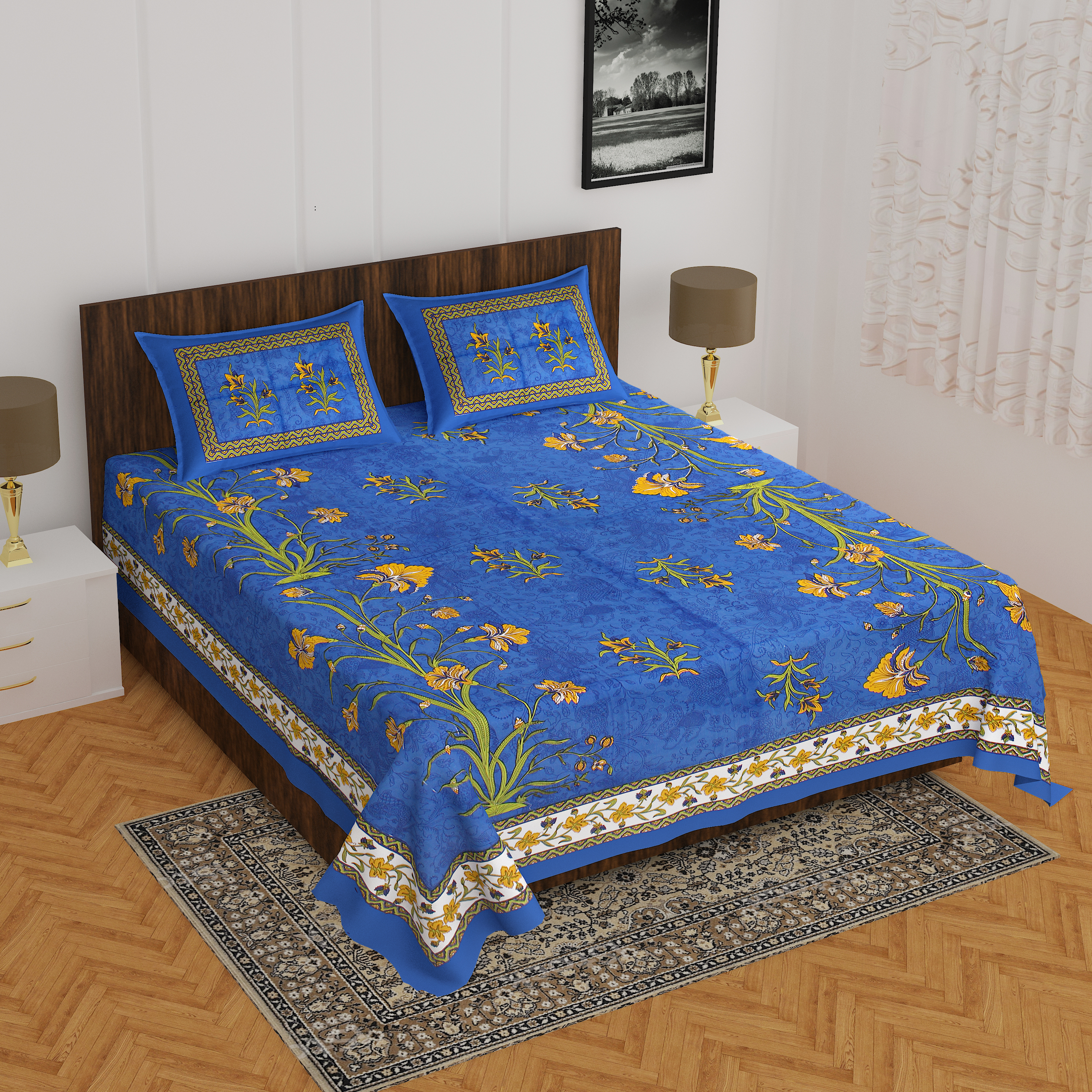 Blue Floral Cotton Bedsheet Set