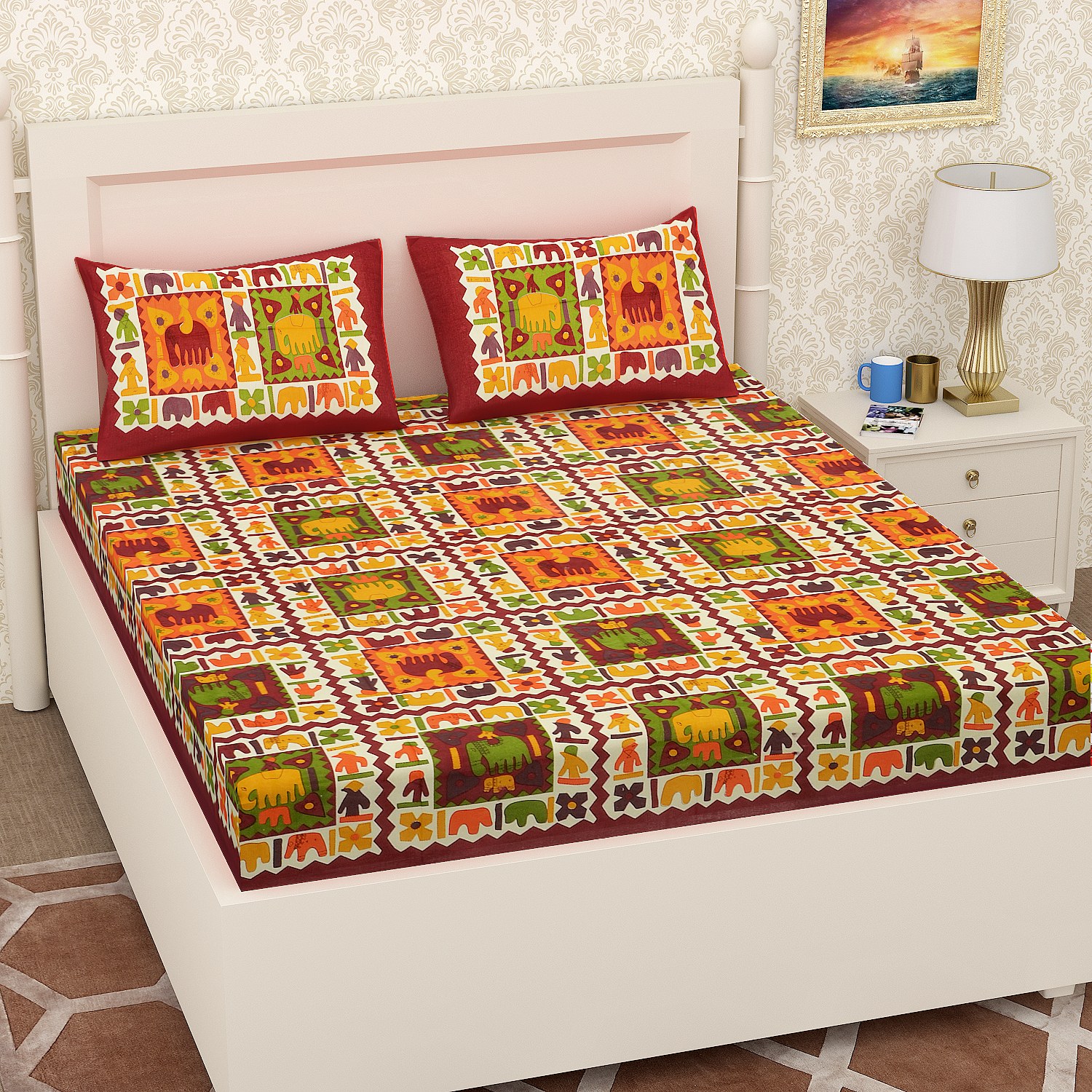 Ethnic Elephant Print Cotton Bedsheet Set