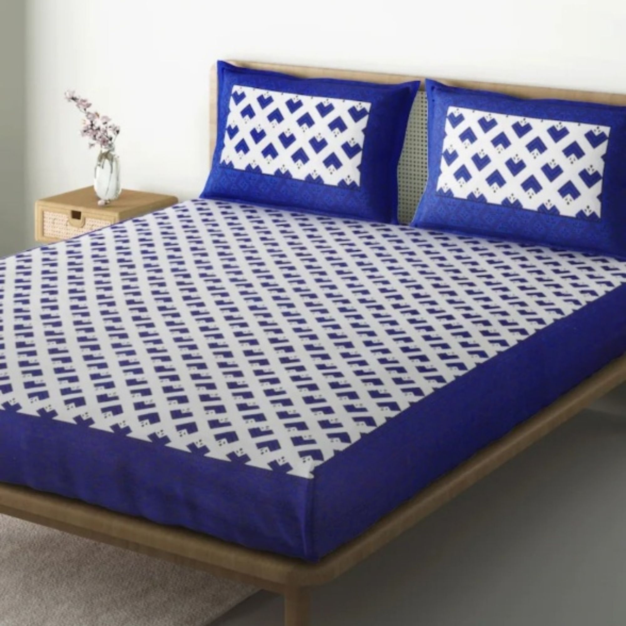 Blue Geometric Cotton Bedsheet Set