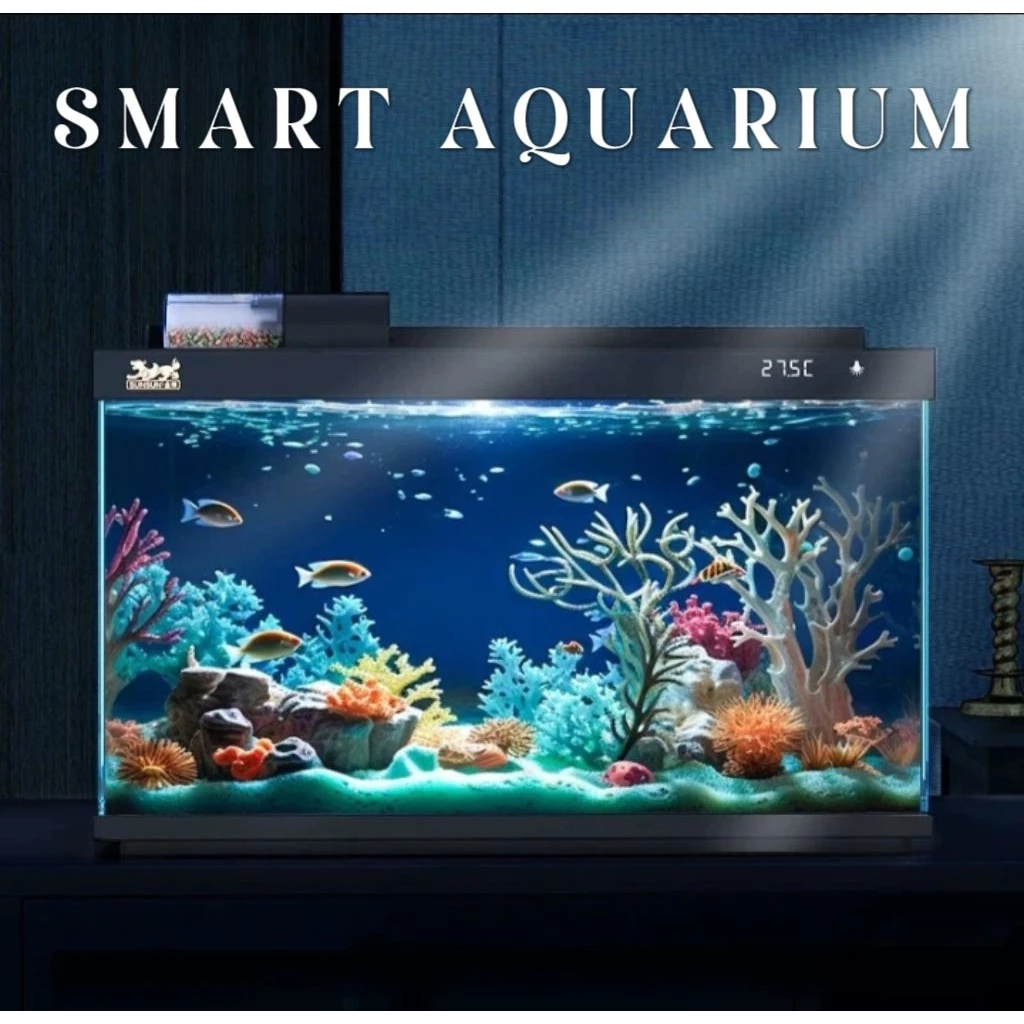 SUNSUN Smart Fish Tank with Crystal White Glass Aquarium 8-Color Lighting Auto Feeder
