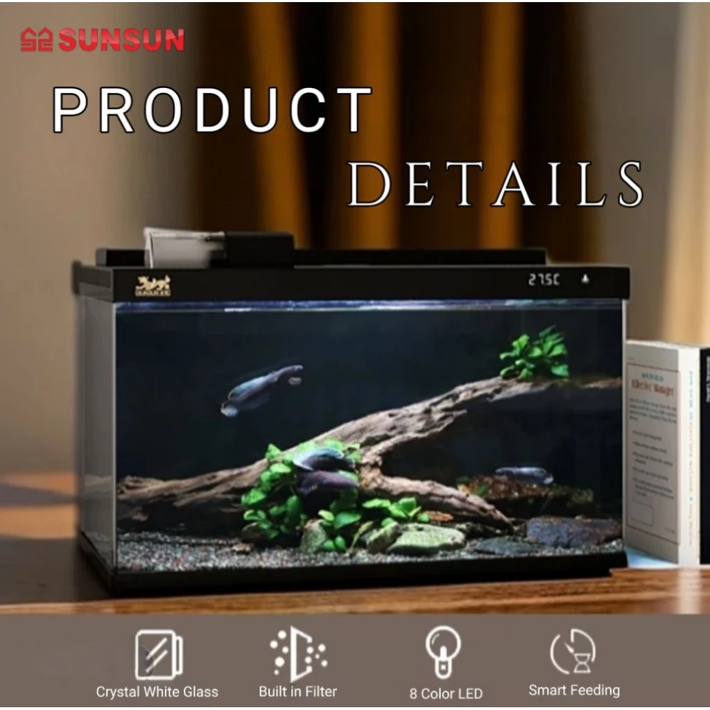 SUNSUN Smart Fish Tank with Crystal White Glass Aquarium 8-Color Lighting Auto Feeder