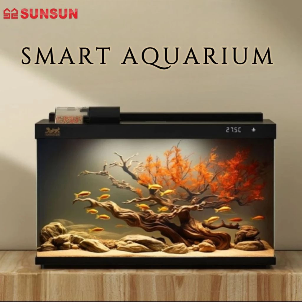 SUNSUN Smart Fish Tank with Crystal White Glass Aquarium 8-Color Lighting Auto Feeder