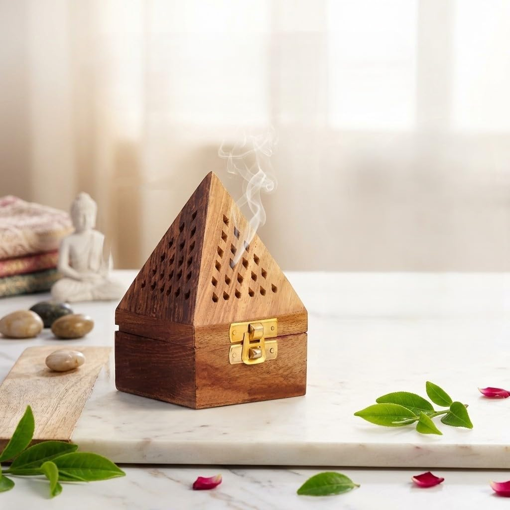 3-Inch Wooden Pyramid Dhoop Holder | Modern Dhunachi Incense Stand with Cover