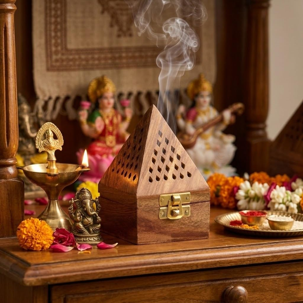 3-Inch Wooden Pyramid Dhoop Holder | Modern Dhunachi Incense Stand with Cover