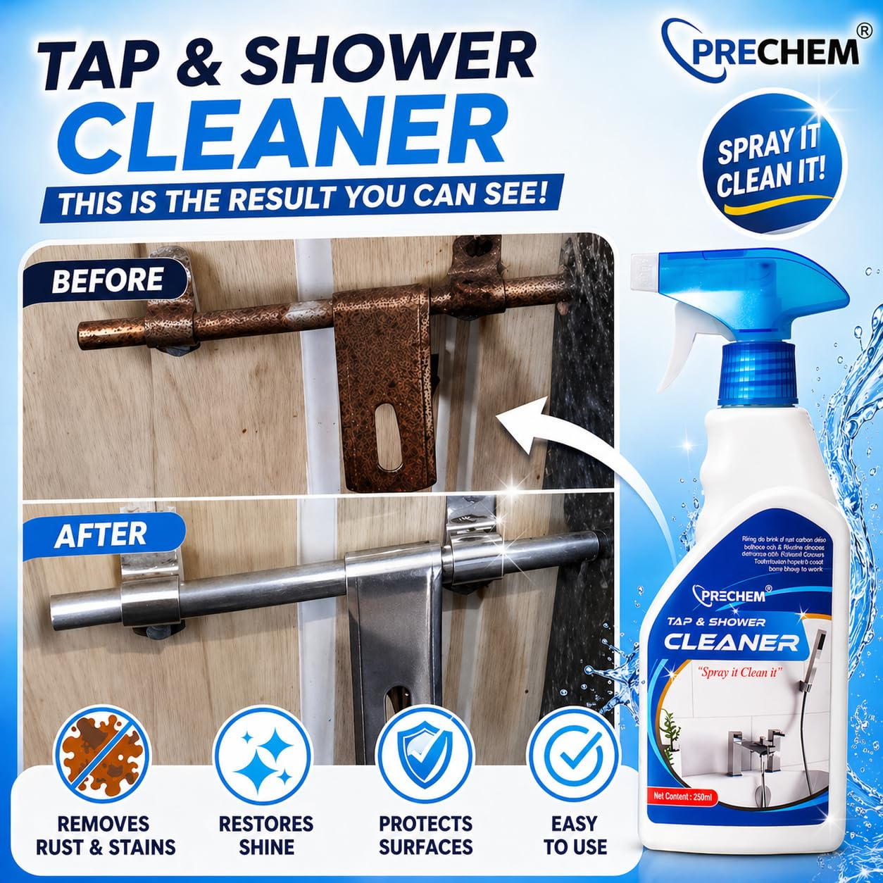 Tap and Shower Cleaner Spray (250ml) - Hard Water Stain & Limescale Remover for Bathroom Faucets, Tiles & Glass | Eco-Friendly Rust Descaler