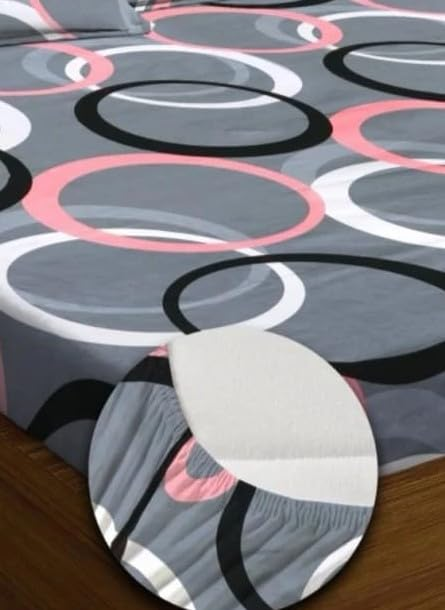 Super Soft Glace Cotton Double Bed Fitted Bedsheet with Pillow Covers - 72x78x8 Inch Elastic Bed Sheet